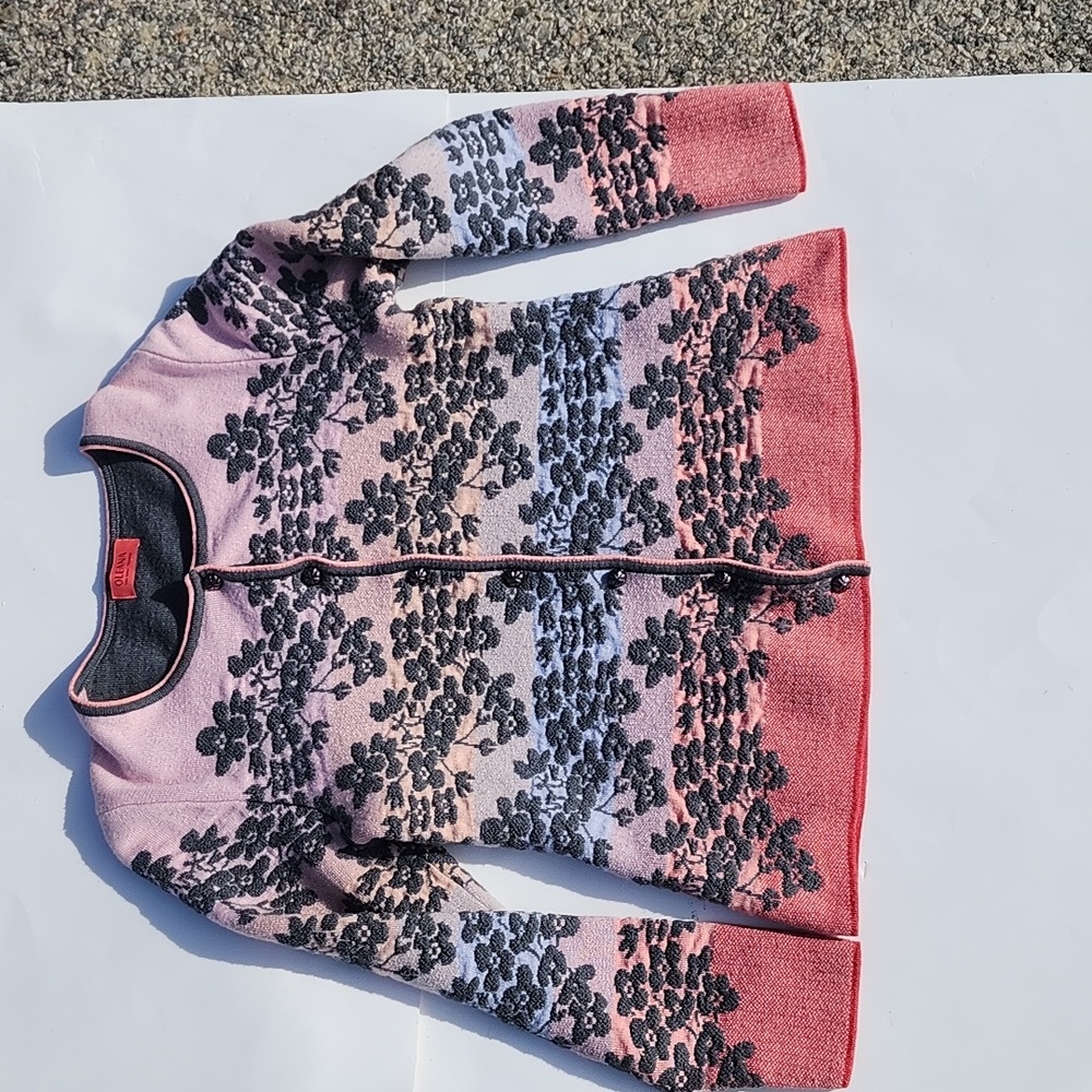 Oleana Women's Floral Cardigan Silk Wool Pink and Gray XS